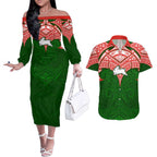 Personalized South Sydney Rabbitohs Couples Matching Off The Shoulder Long Sleeve Dress and Hawaiian Shirt Polynesian Tribal Pattern Style