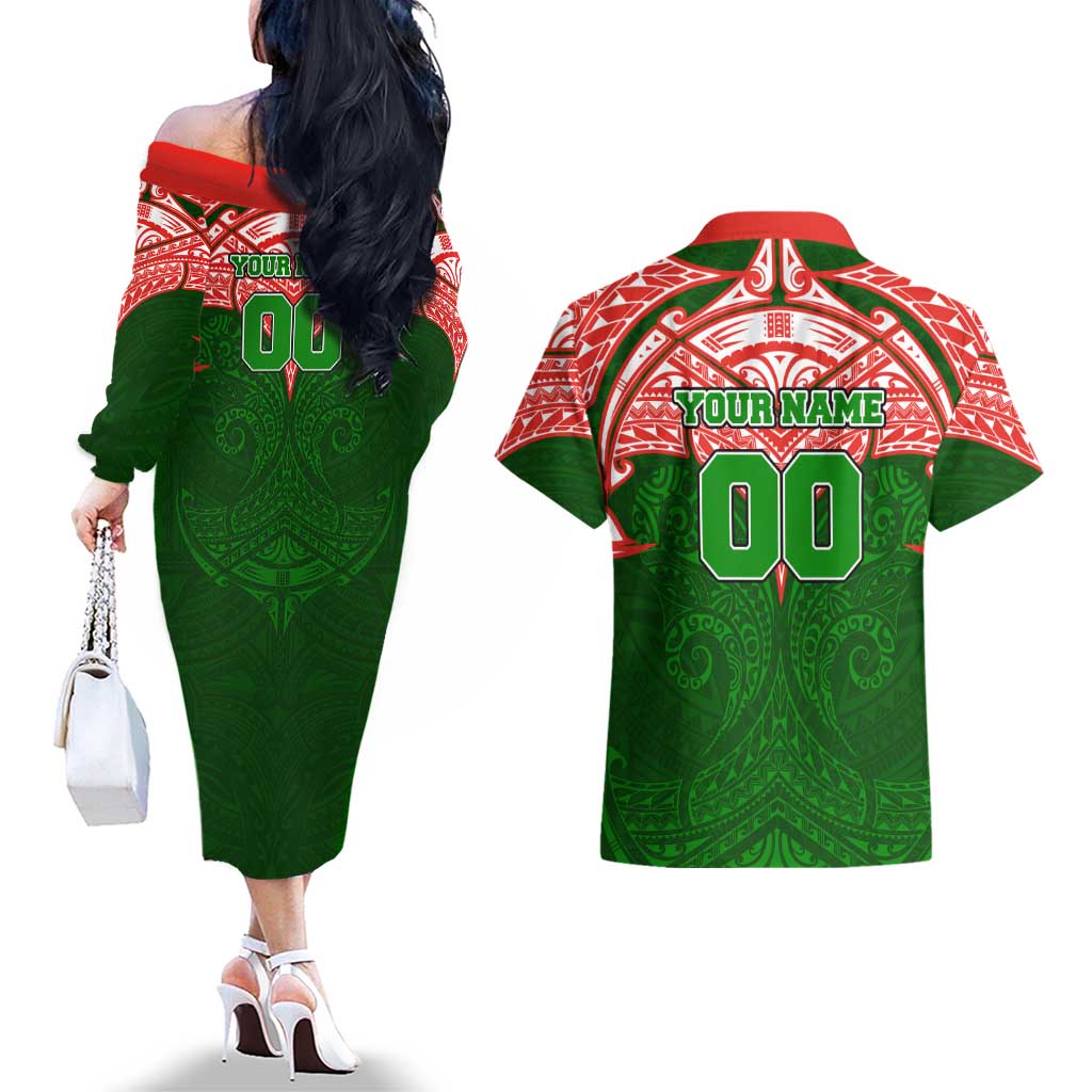 Personalized South Sydney Rabbitohs Couples Matching Off The Shoulder Long Sleeve Dress and Hawaiian Shirt Polynesian Tribal Pattern Style