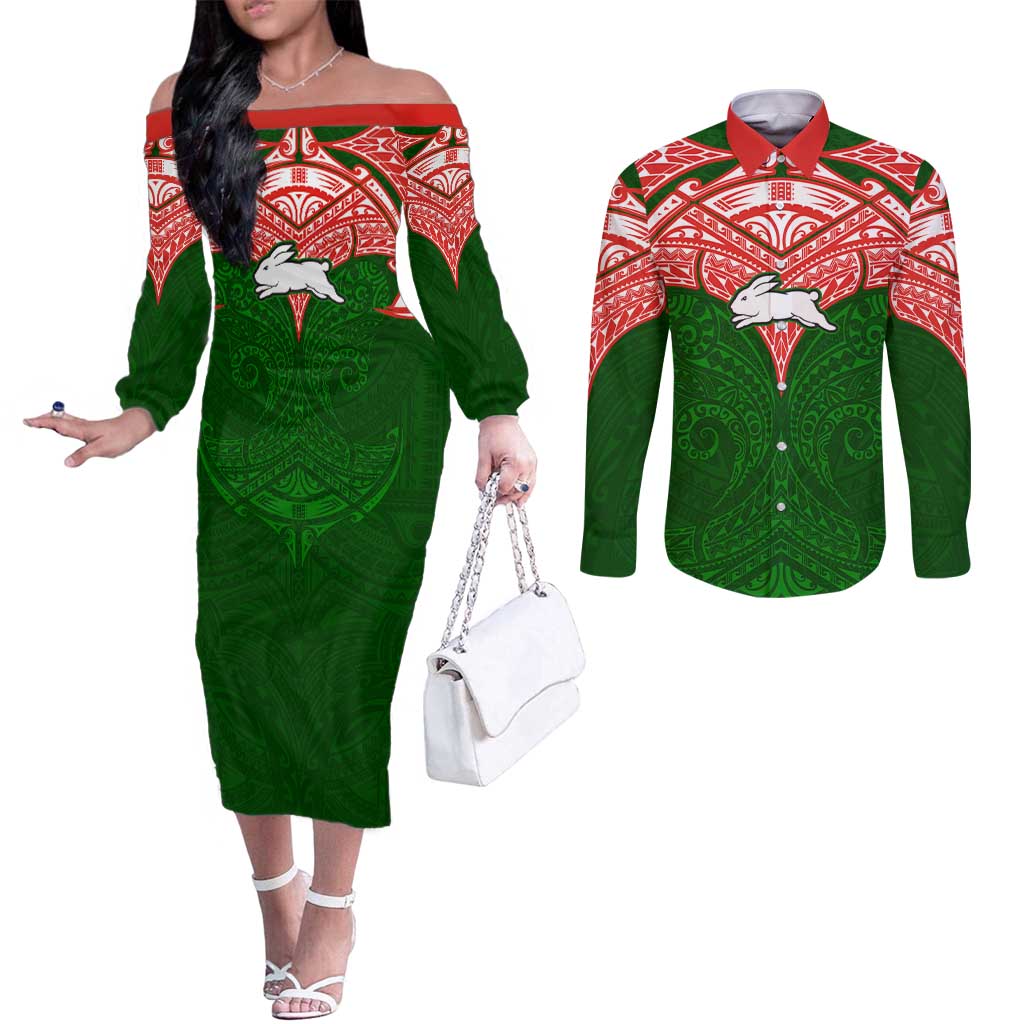Personalized South Sydney Rabbitohs Couples Matching Off The Shoulder Long Sleeve Dress and Long Sleeve Button Shirt Polynesian Tribal Pattern Style