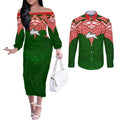 Personalized South Sydney Rabbitohs Couples Matching Off The Shoulder Long Sleeve Dress and Long Sleeve Button Shirt Polynesian Tribal Pattern Style
