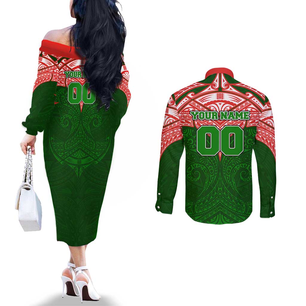 Personalized South Sydney Rabbitohs Couples Matching Off The Shoulder Long Sleeve Dress and Long Sleeve Button Shirt Polynesian Tribal Pattern Style