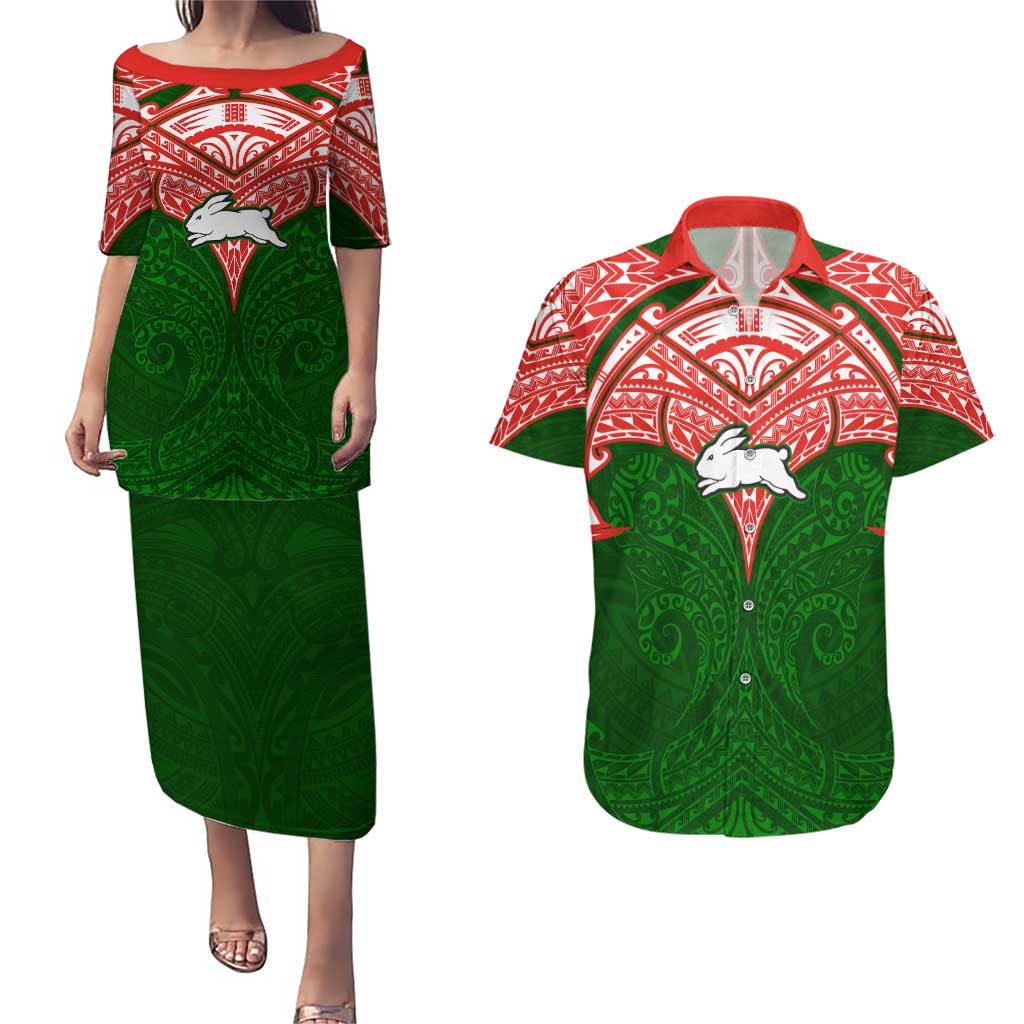 Personalized South Sydney Rabbitohs Couples Matching Puletasi and Hawaiian Shirt Polynesian Tribal Pattern Style