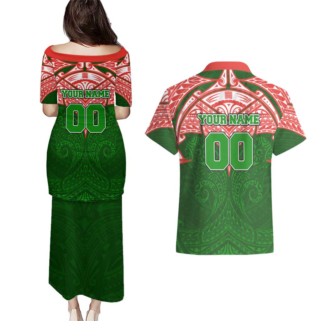 Personalized South Sydney Rabbitohs Couples Matching Puletasi and Hawaiian Shirt Polynesian Tribal Pattern Style
