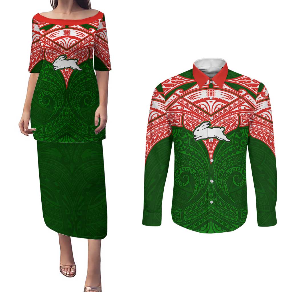 Personalized South Sydney Rabbitohs Couples Matching Puletasi and Long Sleeve Button Shirt Polynesian Tribal Pattern Style