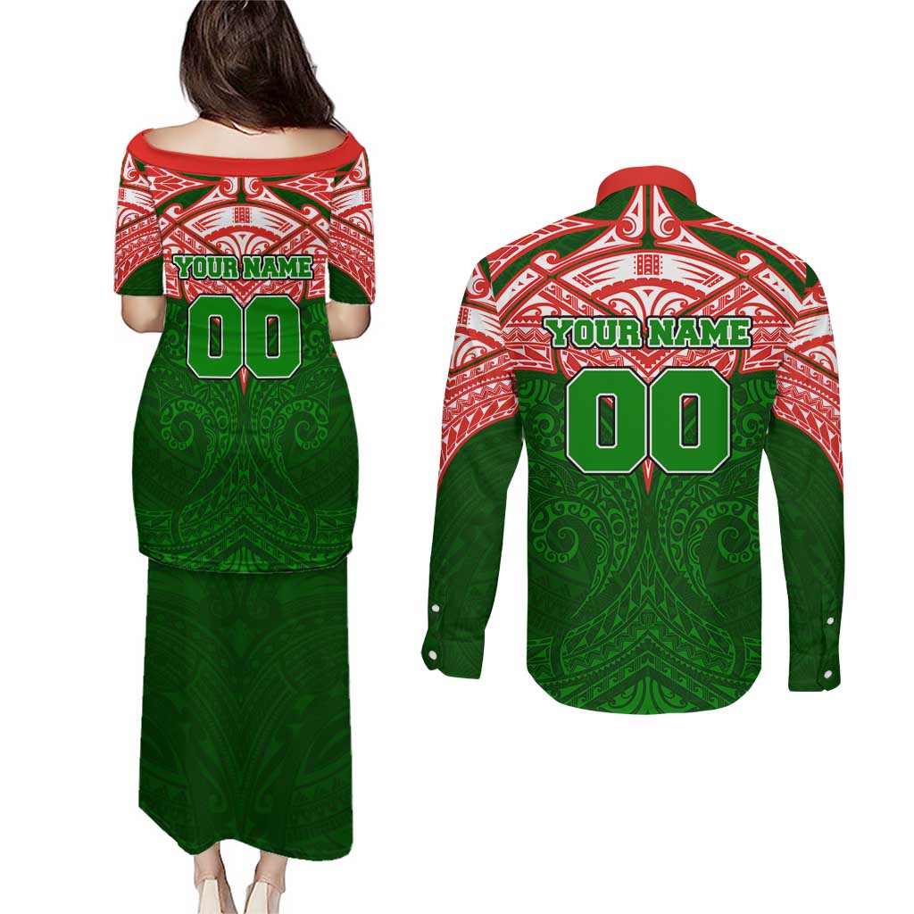 Personalized South Sydney Rabbitohs Couples Matching Puletasi and Long Sleeve Button Shirt Polynesian Tribal Pattern Style