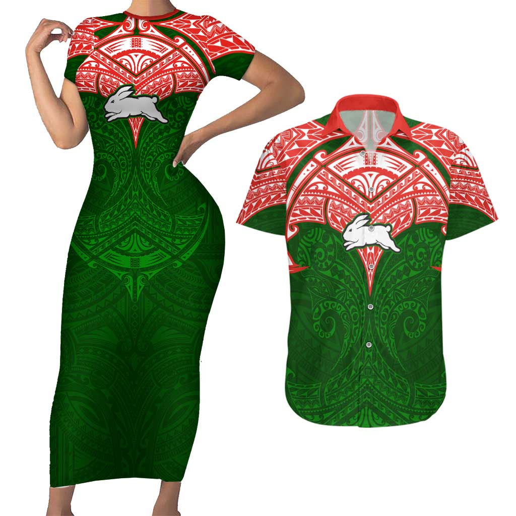 Personalized South Sydney Rabbitohs Couples Matching Short Sleeve Bodycon Dress and Hawaiian Shirt Polynesian Tribal Pattern Style