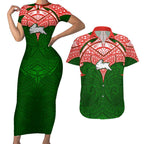 Personalized South Sydney Rabbitohs Couples Matching Short Sleeve Bodycon Dress and Hawaiian Shirt Polynesian Tribal Pattern Style
