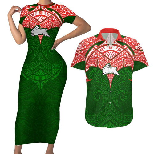 Personalized South Sydney Rabbitohs Couples Matching Short Sleeve Bodycon Dress and Hawaiian Shirt Polynesian Tribal Pattern Style