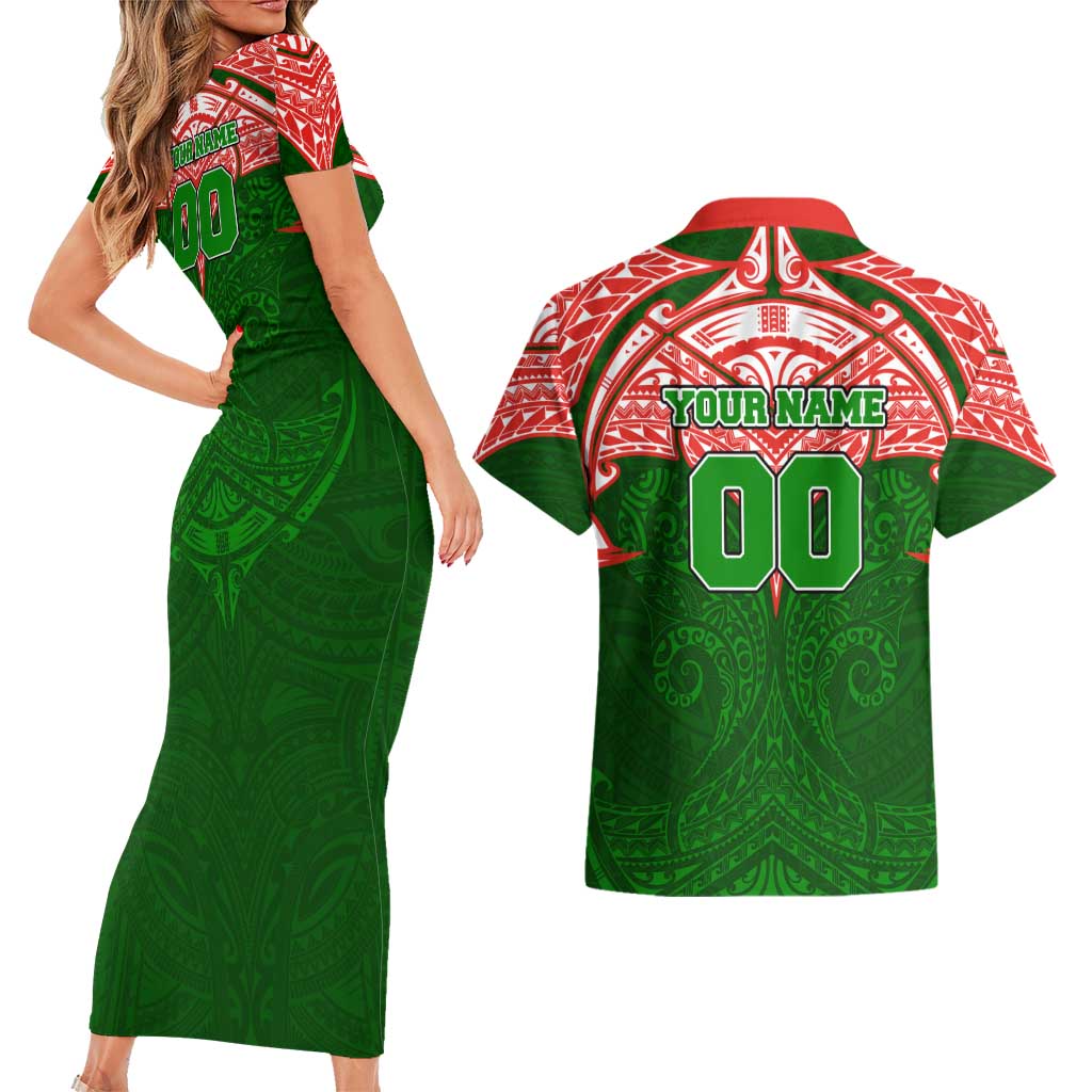 Personalized South Sydney Rabbitohs Couples Matching Short Sleeve Bodycon Dress and Hawaiian Shirt Polynesian Tribal Pattern Style