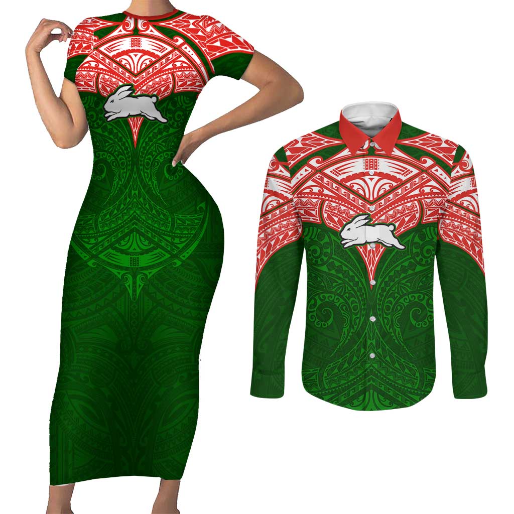 Personalized South Sydney Rabbitohs Couples Matching Short Sleeve Bodycon Dress and Long Sleeve Button Shirt Polynesian Tribal Pattern Style