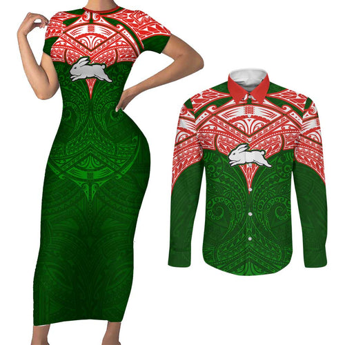 Personalized South Sydney Rabbitohs Couples Matching Short Sleeve Bodycon Dress and Long Sleeve Button Shirt Polynesian Tribal Pattern Style