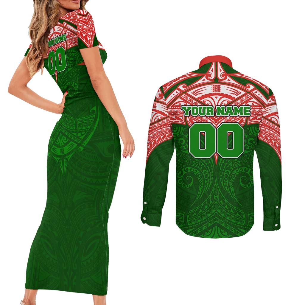 Personalized South Sydney Rabbitohs Couples Matching Short Sleeve Bodycon Dress and Long Sleeve Button Shirt Polynesian Tribal Pattern Style