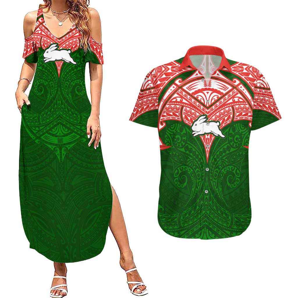 Personalized South Sydney Rabbitohs Couples Matching Summer Maxi Dress and Hawaiian Shirt Polynesian Tribal Pattern Style