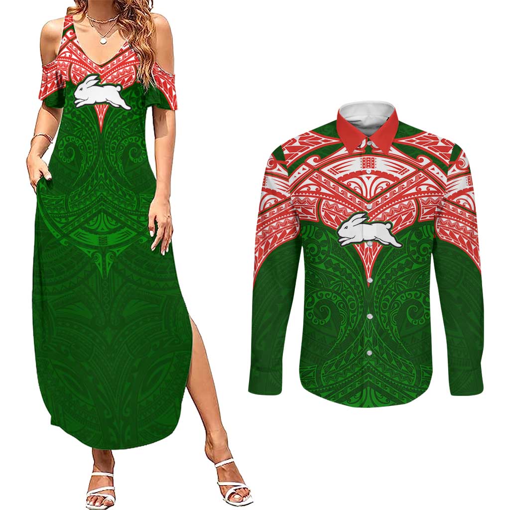 Personalized South Sydney Rabbitohs Couples Matching Summer Maxi Dress and Long Sleeve Button Shirt Polynesian Tribal Pattern Style