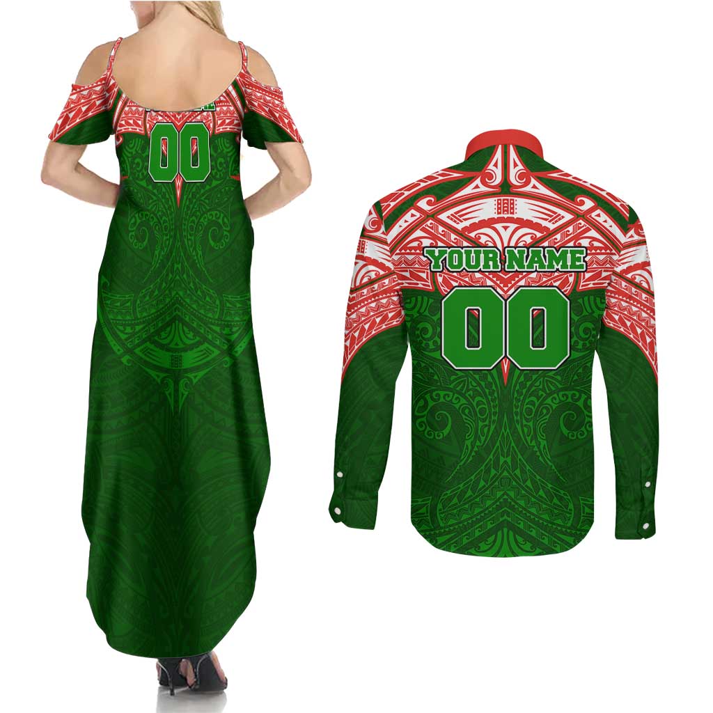 Personalized South Sydney Rabbitohs Couples Matching Summer Maxi Dress and Long Sleeve Button Shirt Polynesian Tribal Pattern Style