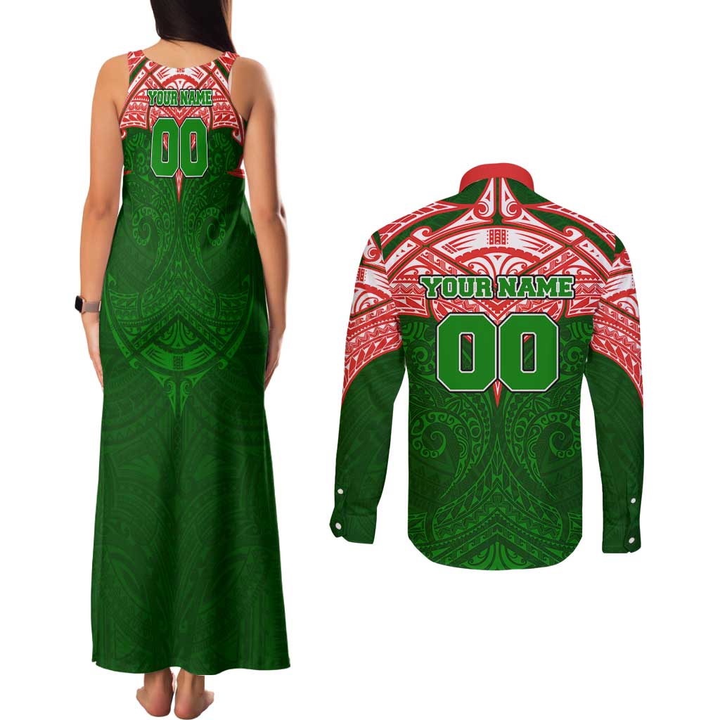 Personalized South Sydney Rabbitohs Couples Matching Tank Maxi Dress and Long Sleeve Button Shirt Polynesian Tribal Pattern Style