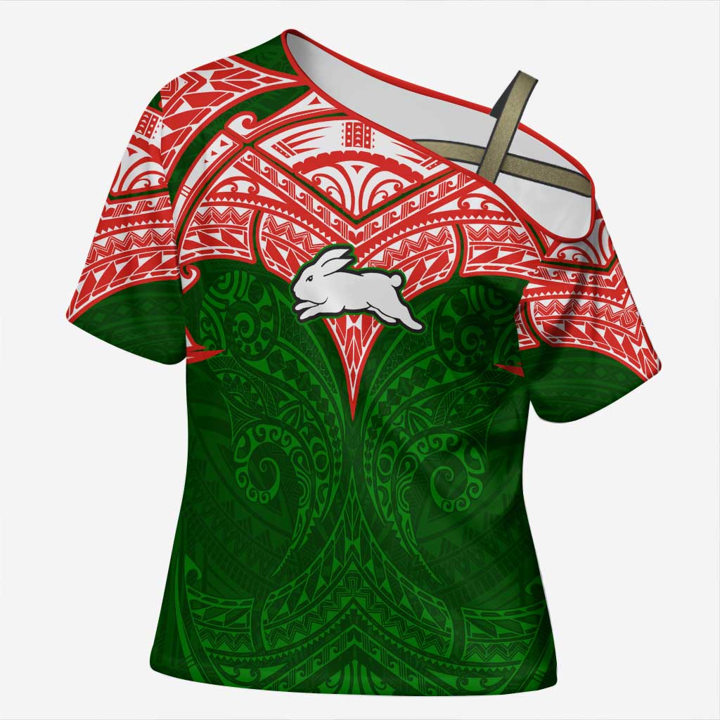 Personalized South Sydney Rabbitohs Cross Shoulder Shirt Polynesian Tribal Pattern Style