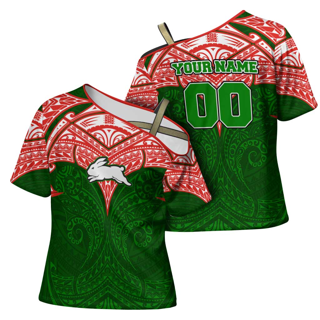 Personalized South Sydney Rabbitohs Cross Shoulder Shirt Polynesian Tribal Pattern Style