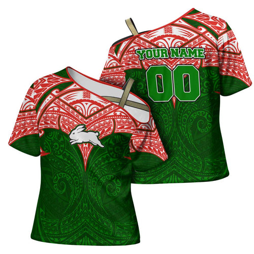Personalized South Sydney Rabbitohs Cross Shoulder Shirt Polynesian Tribal Pattern Style