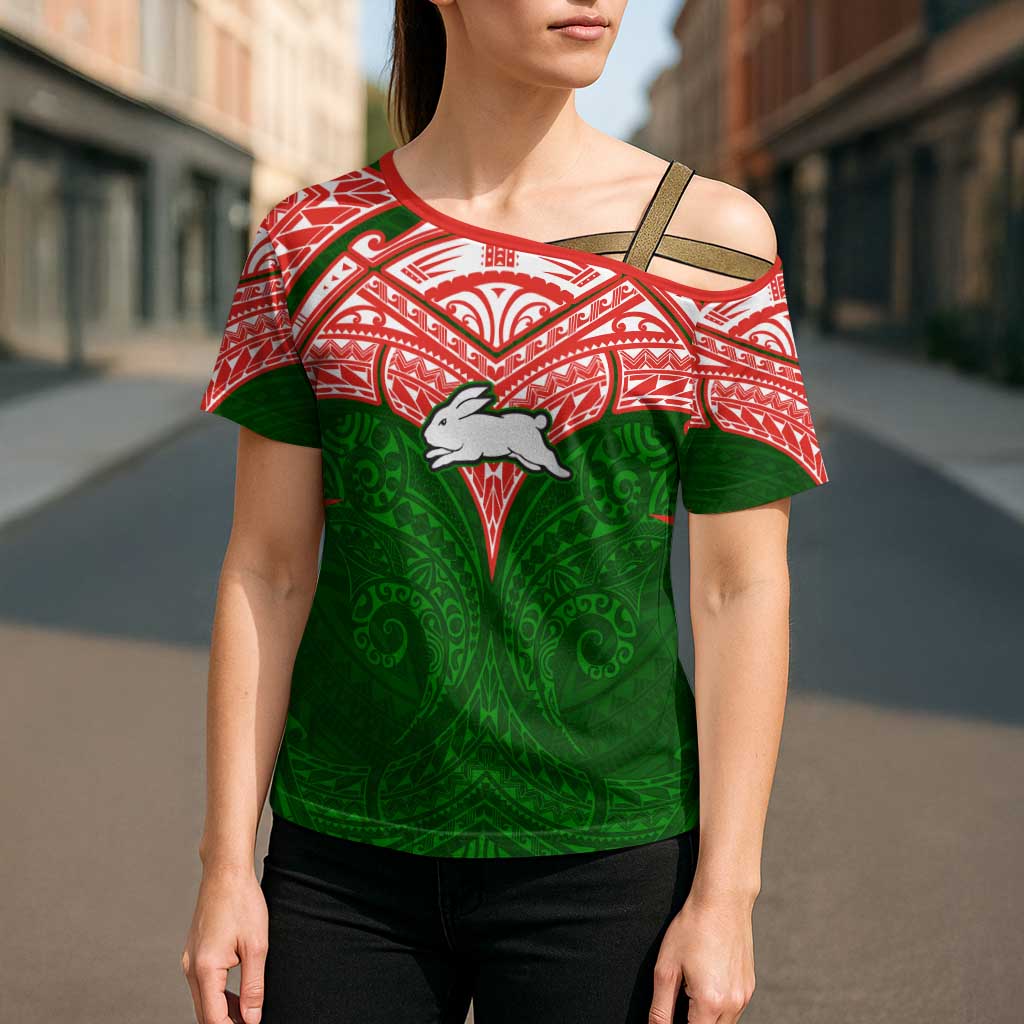 Personalized South Sydney Rabbitohs Cross Shoulder Shirt Polynesian Tribal Pattern Style