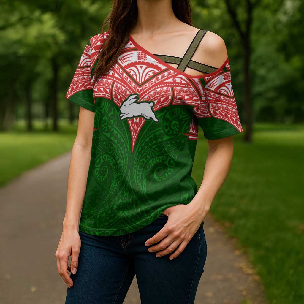 Personalized South Sydney Rabbitohs Cross Shoulder Shirt Polynesian Tribal Pattern Style