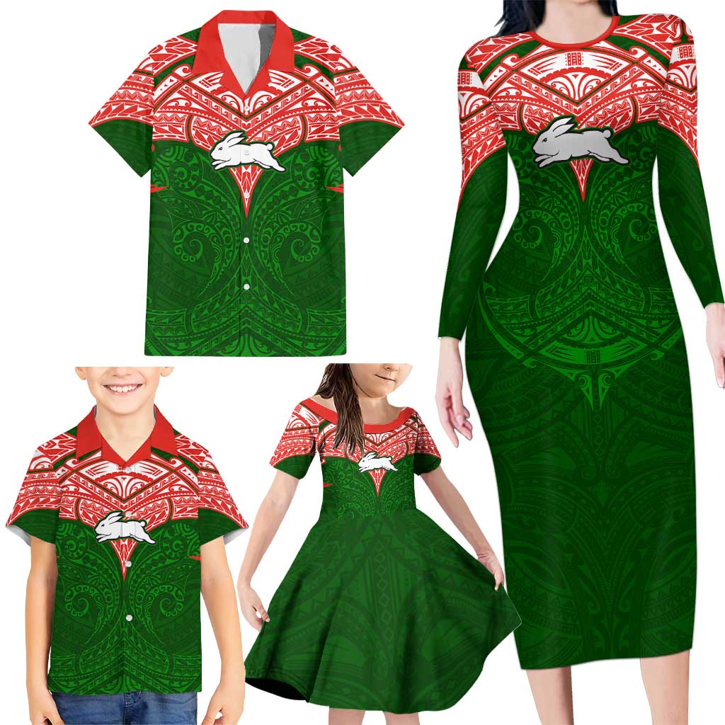 Personalized South Sydney Rabbitohs Family Matching Long Sleeve Bodycon Dress and Hawaiian Shirt Polynesian Tribal Pattern Style