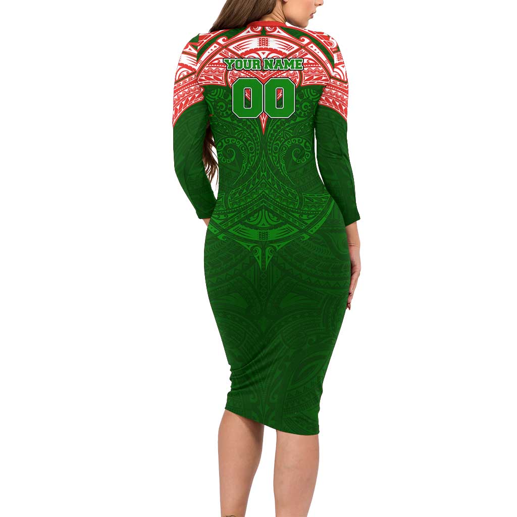 Personalized South Sydney Rabbitohs Family Matching Long Sleeve Bodycon Dress and Hawaiian Shirt Polynesian Tribal Pattern Style
