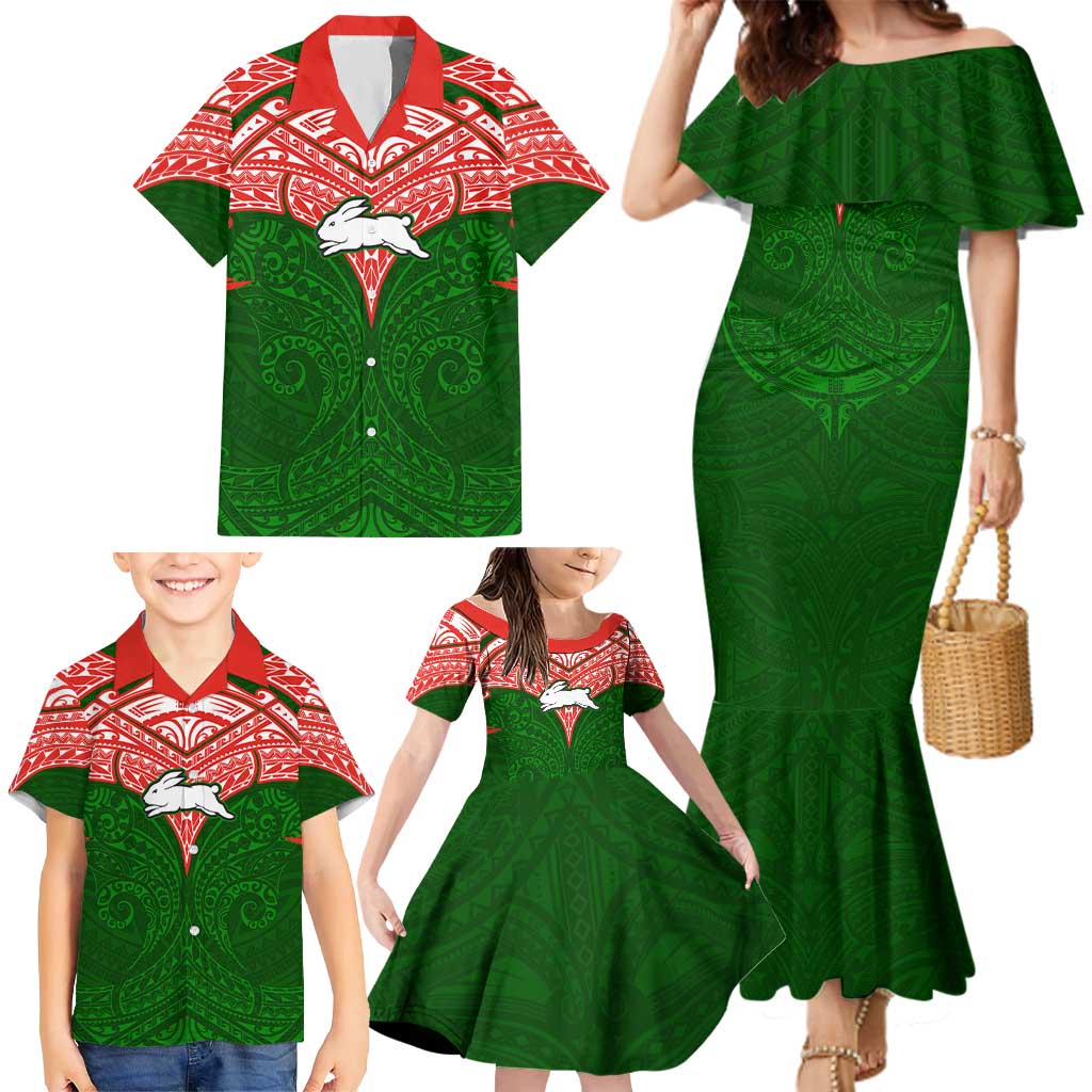 Personalized South Sydney Rabbitohs Family Matching Mermaid Dress and Hawaiian Shirt Polynesian Tribal Pattern Style
