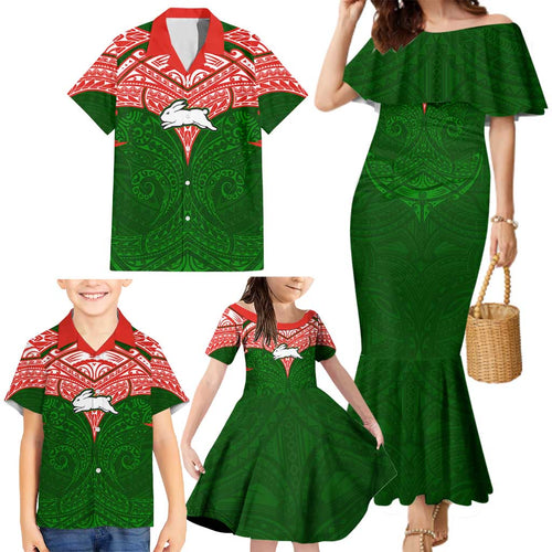Personalized South Sydney Rabbitohs Family Matching Mermaid Dress and Hawaiian Shirt Polynesian Tribal Pattern Style