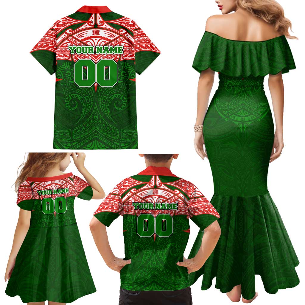 Personalized South Sydney Rabbitohs Family Matching Mermaid Dress and Hawaiian Shirt Polynesian Tribal Pattern Style