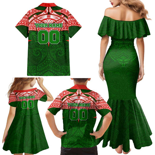 Personalized South Sydney Rabbitohs Family Matching Mermaid Dress and Hawaiian Shirt Polynesian Tribal Pattern Style