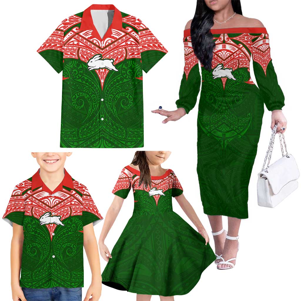 Personalized South Sydney Rabbitohs Family Matching Off The Shoulder Long Sleeve Dress and Hawaiian Shirt Polynesian Tribal Pattern Style