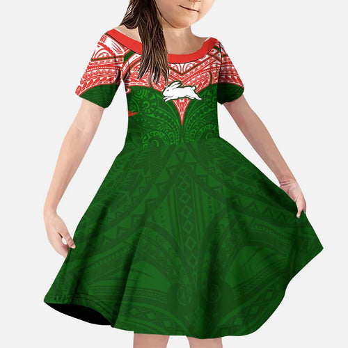 Personalized South Sydney Rabbitohs Family Matching Off The Shoulder Long Sleeve Dress and Hawaiian Shirt Polynesian Tribal Pattern Style