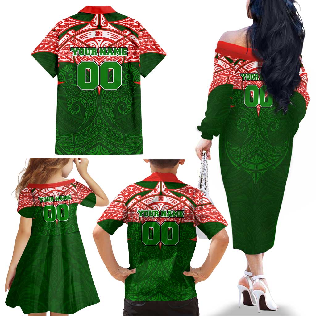Personalized South Sydney Rabbitohs Family Matching Off The Shoulder Long Sleeve Dress and Hawaiian Shirt Polynesian Tribal Pattern Style