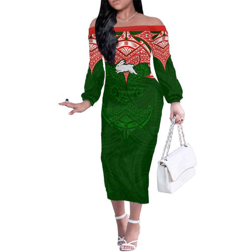 Personalized South Sydney Rabbitohs Family Matching Off The Shoulder Long Sleeve Dress and Hawaiian Shirt Polynesian Tribal Pattern Style