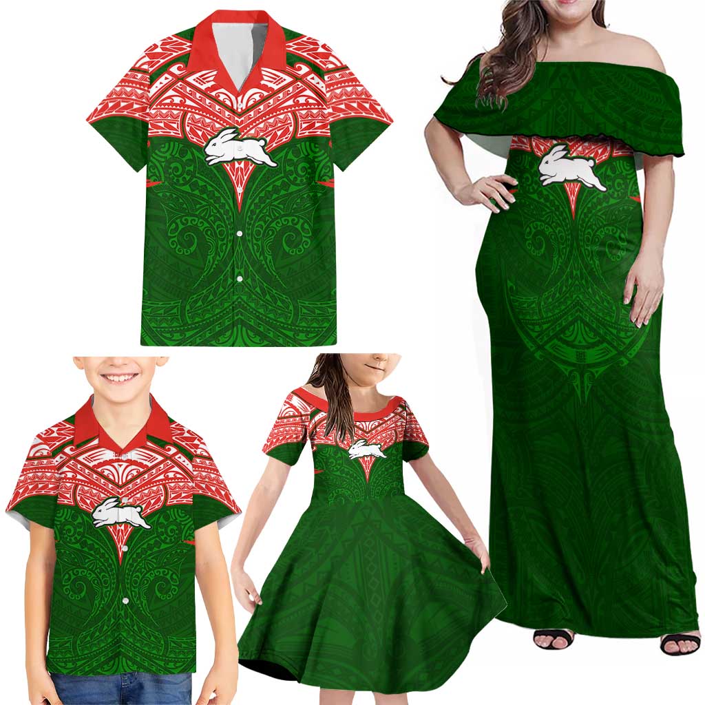 Personalized South Sydney Rabbitohs Family Matching Off Shoulder Maxi Dress and Hawaiian Shirt Polynesian Tribal Pattern Style