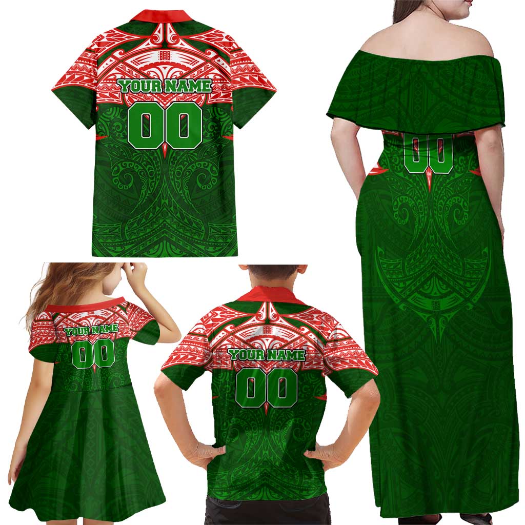 Personalized South Sydney Rabbitohs Family Matching Off Shoulder Maxi Dress and Hawaiian Shirt Polynesian Tribal Pattern Style