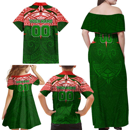 Personalized South Sydney Rabbitohs Family Matching Off Shoulder Maxi Dress and Hawaiian Shirt Polynesian Tribal Pattern Style