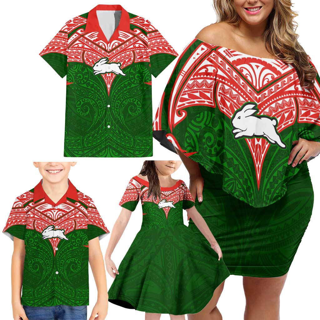 Personalized South Sydney Rabbitohs Family Matching Off Shoulder Short Dress and Hawaiian Shirt Polynesian Tribal Pattern Style