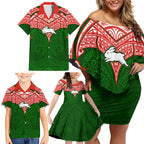 Personalized South Sydney Rabbitohs Family Matching Off Shoulder Short Dress and Hawaiian Shirt Polynesian Tribal Pattern Style