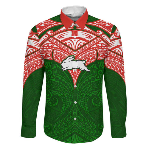 Personalized South Sydney Rabbitohs Family Matching Off Shoulder Short Dress and Hawaiian Shirt Polynesian Tribal Pattern Style