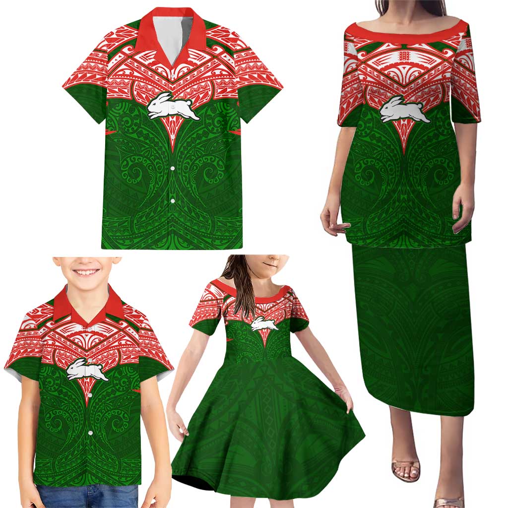 Personalized South Sydney Rabbitohs Family Matching Puletasi and Hawaiian Shirt Polynesian Tribal Pattern Style