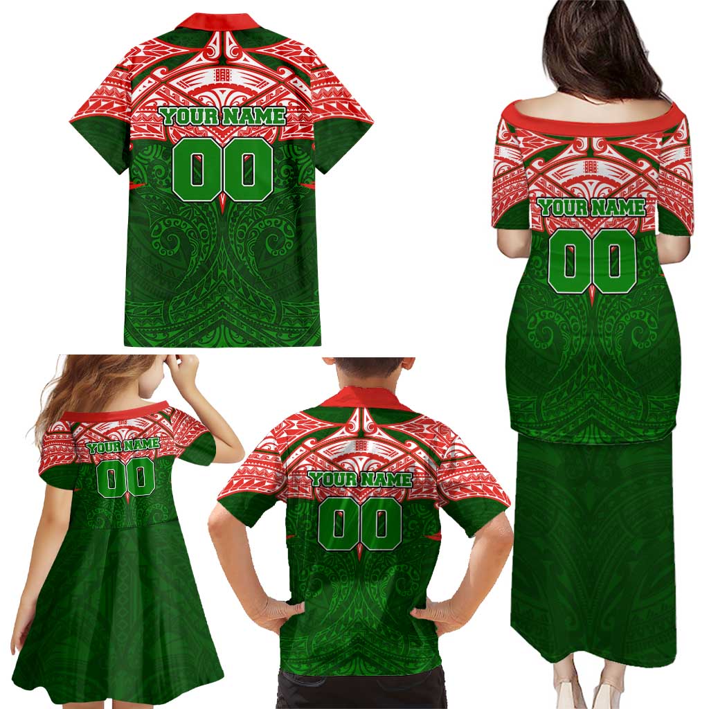 Personalized South Sydney Rabbitohs Family Matching Puletasi and Hawaiian Shirt Polynesian Tribal Pattern Style
