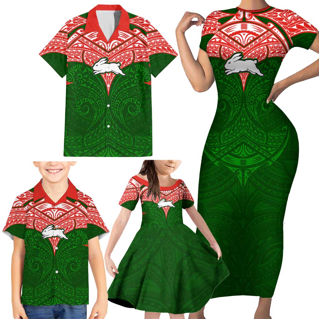 Personalized South Sydney Rabbitohs Family Matching Short Sleeve Bodycon Dress and Hawaiian Shirt Polynesian Tribal Pattern Style