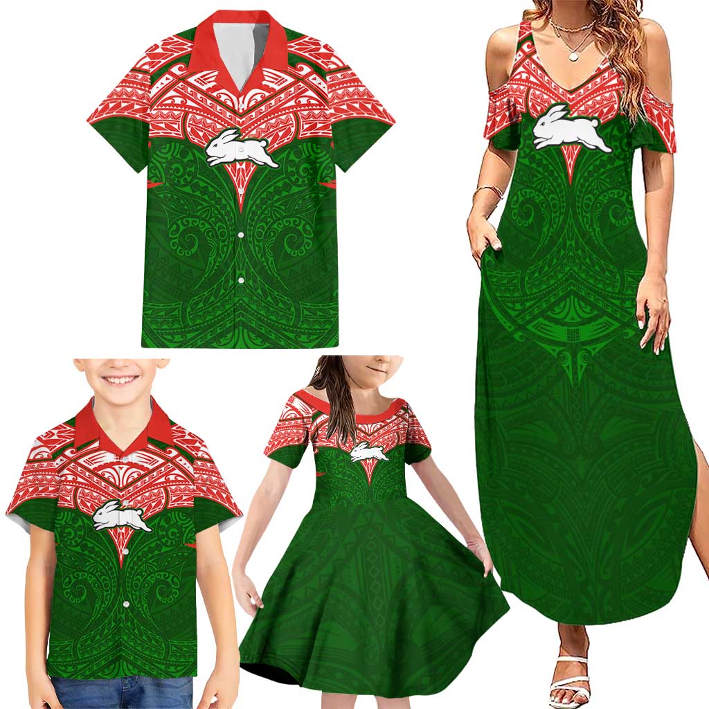 Personalized South Sydney Rabbitohs Family Matching Summer Maxi Dress and Hawaiian Shirt Polynesian Tribal Pattern Style