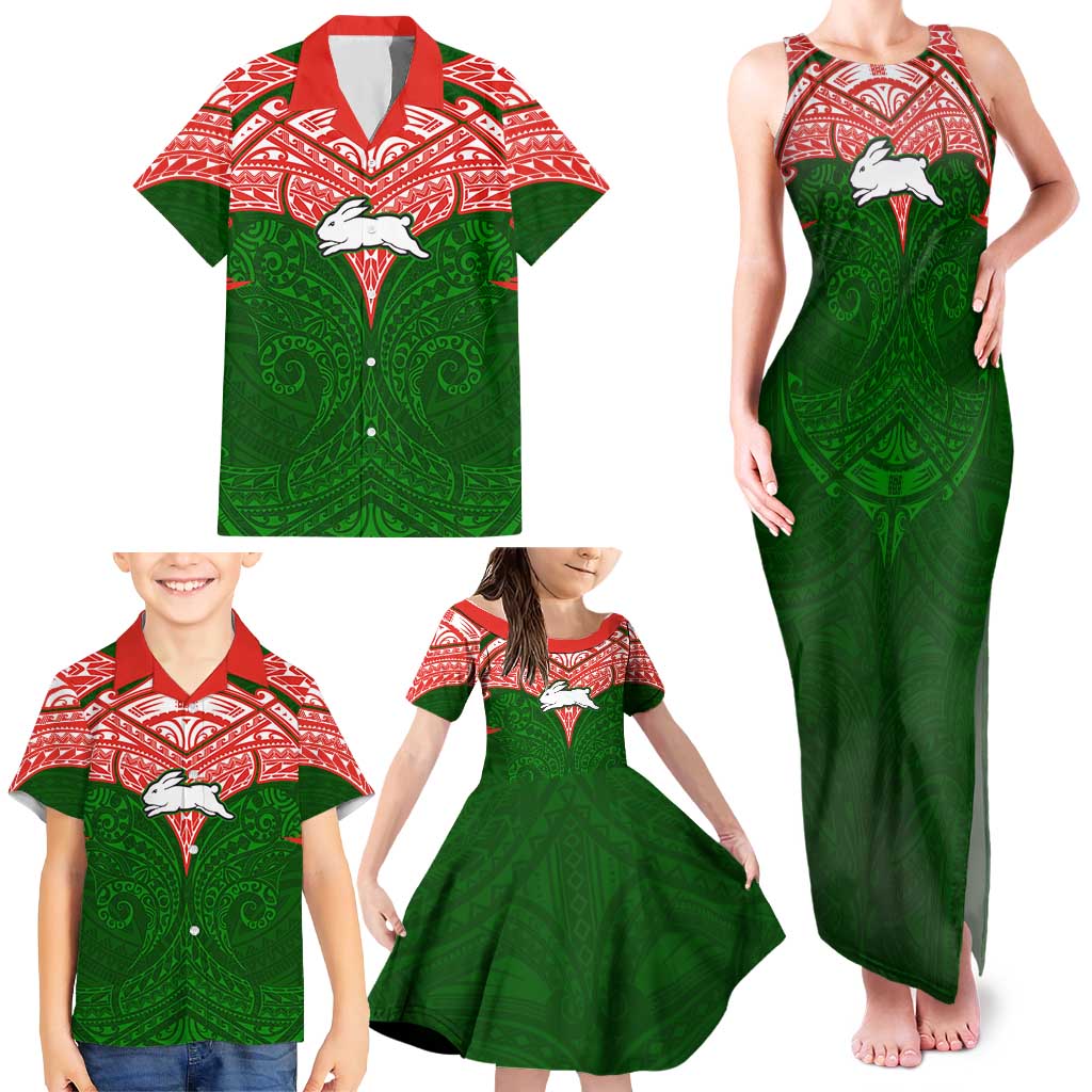 Personalized South Sydney Rabbitohs Family Matching Tank Maxi Dress and Hawaiian Shirt Polynesian Tribal Pattern Style