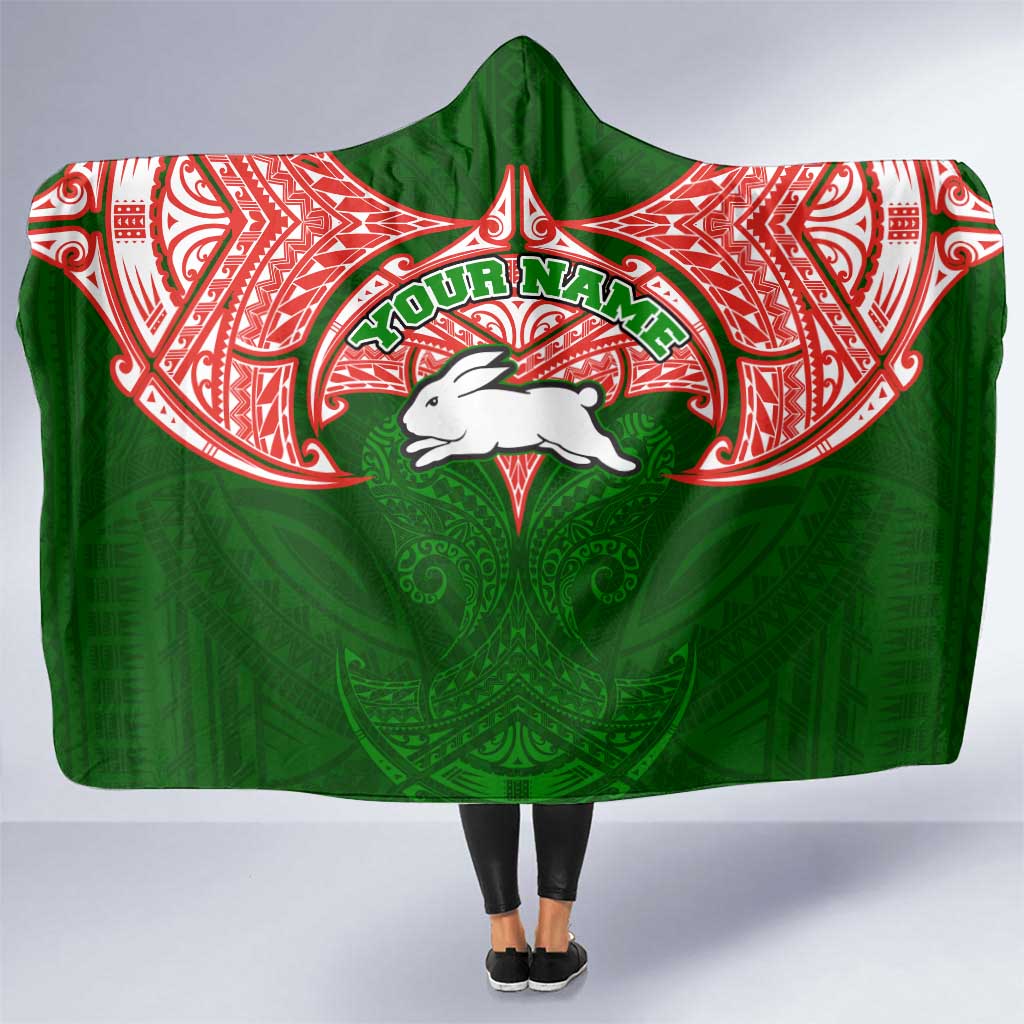 Personalized South Sydney Rabbitohs Hooded Blanket Polynesian Tribal Pattern Style