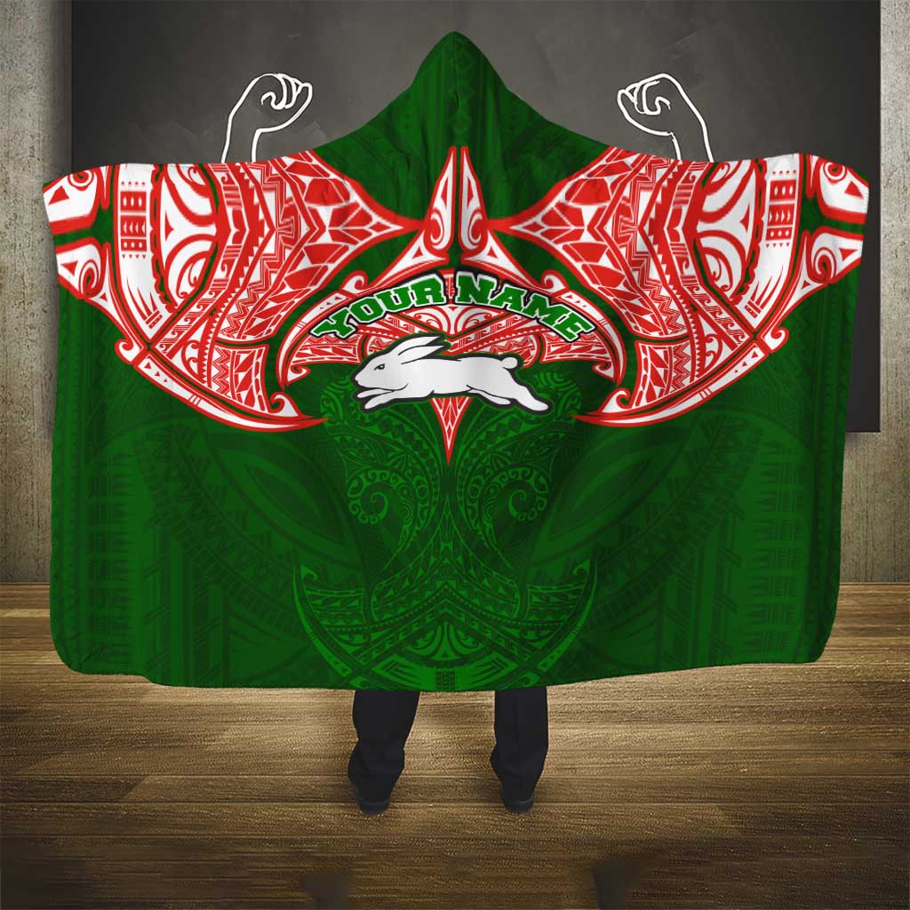 Personalized South Sydney Rabbitohs Hooded Blanket Polynesian Tribal Pattern Style