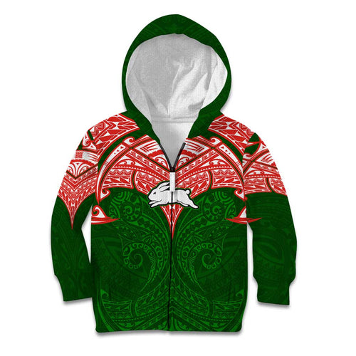 Personalized South Sydney Rabbitohs Kid Hoodie Polynesian Tribal Pattern Style
