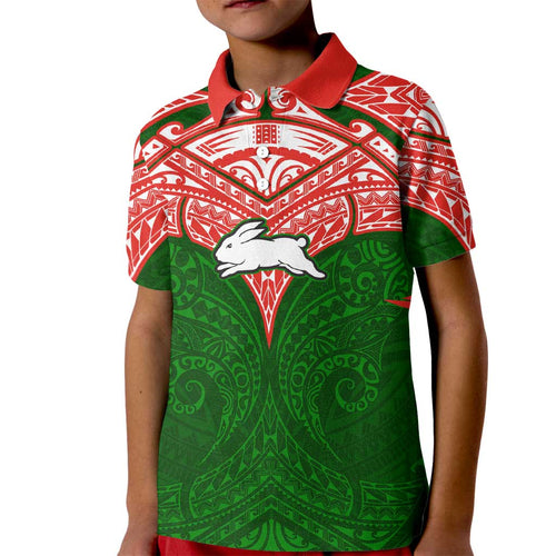 Personalized South Sydney Rabbitohs Kid Polo Shirt Polynesian Tribal Pattern Style